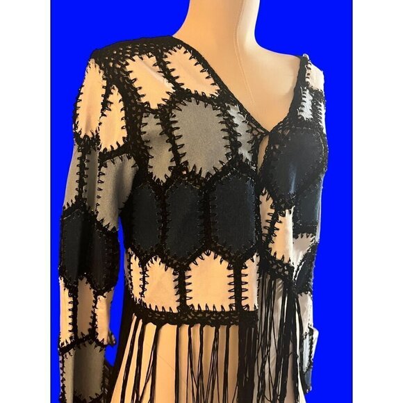 nwt fringed croucheted blouse by adore denim blues black fringes unique dressy l - Picture 6 of 13